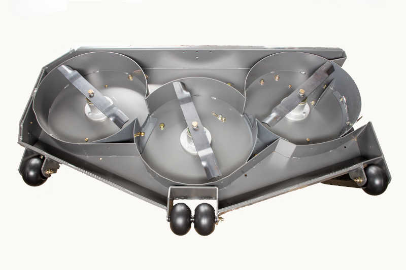 Underside of a Spartan zero turn mower deck showing the blades and baffles