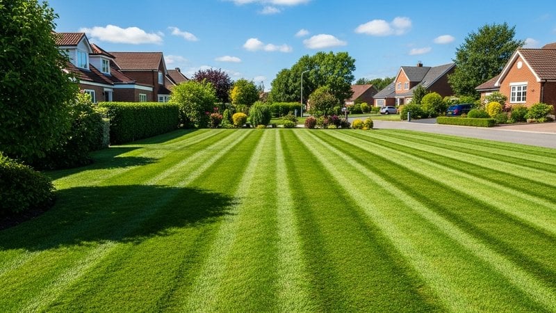 A wide residential lawn mowed in stripes