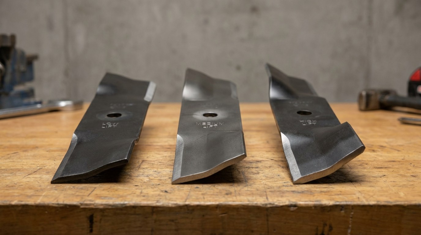 Three zero-turn mower blades side-by-side comparing low medium and high lift profiles