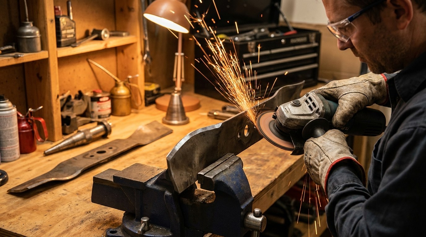 Mechanic sharpening a zero-turn mower blade held in a vise