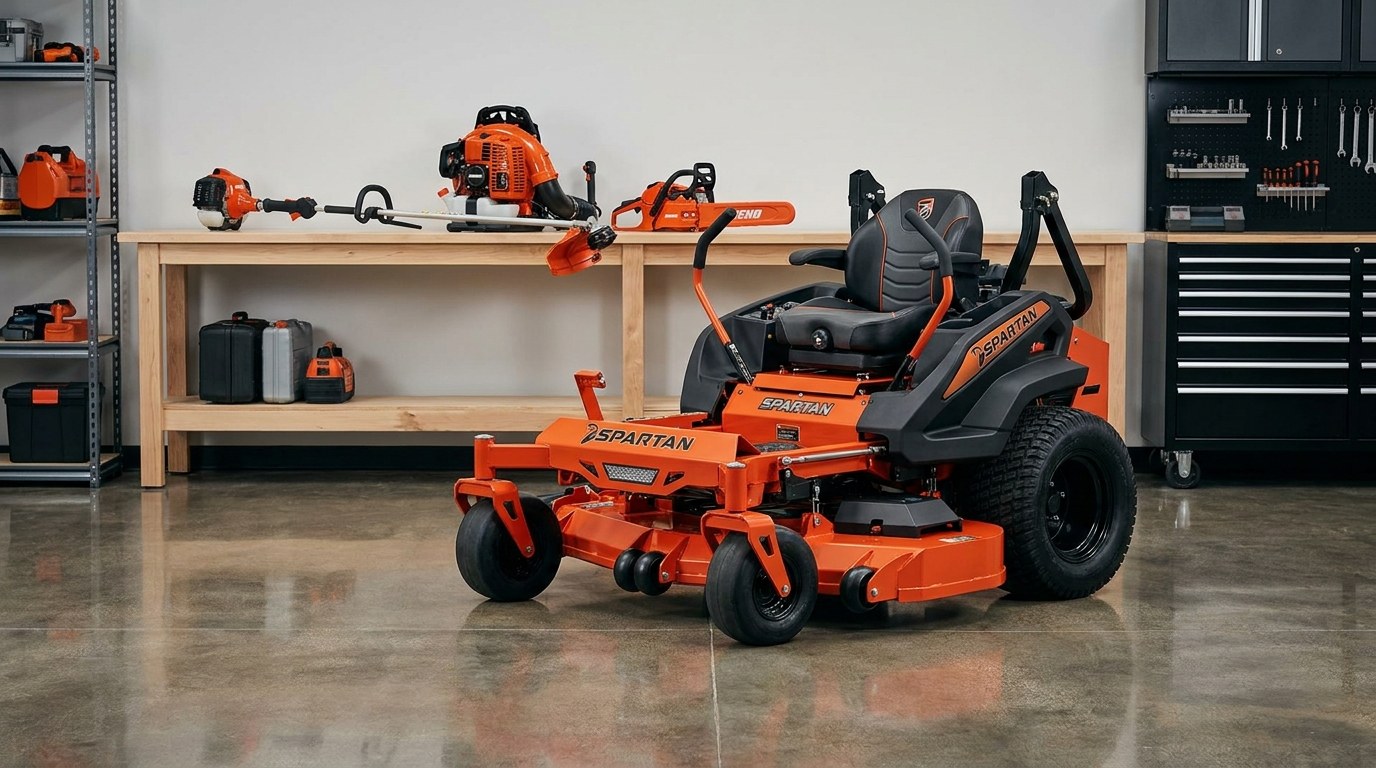 Spartan zero-turn mower next to Echo handheld outdoor power equipment in a clean shop