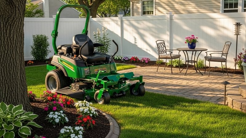 A zero turn mower working around a tree, landscape beds and a patio