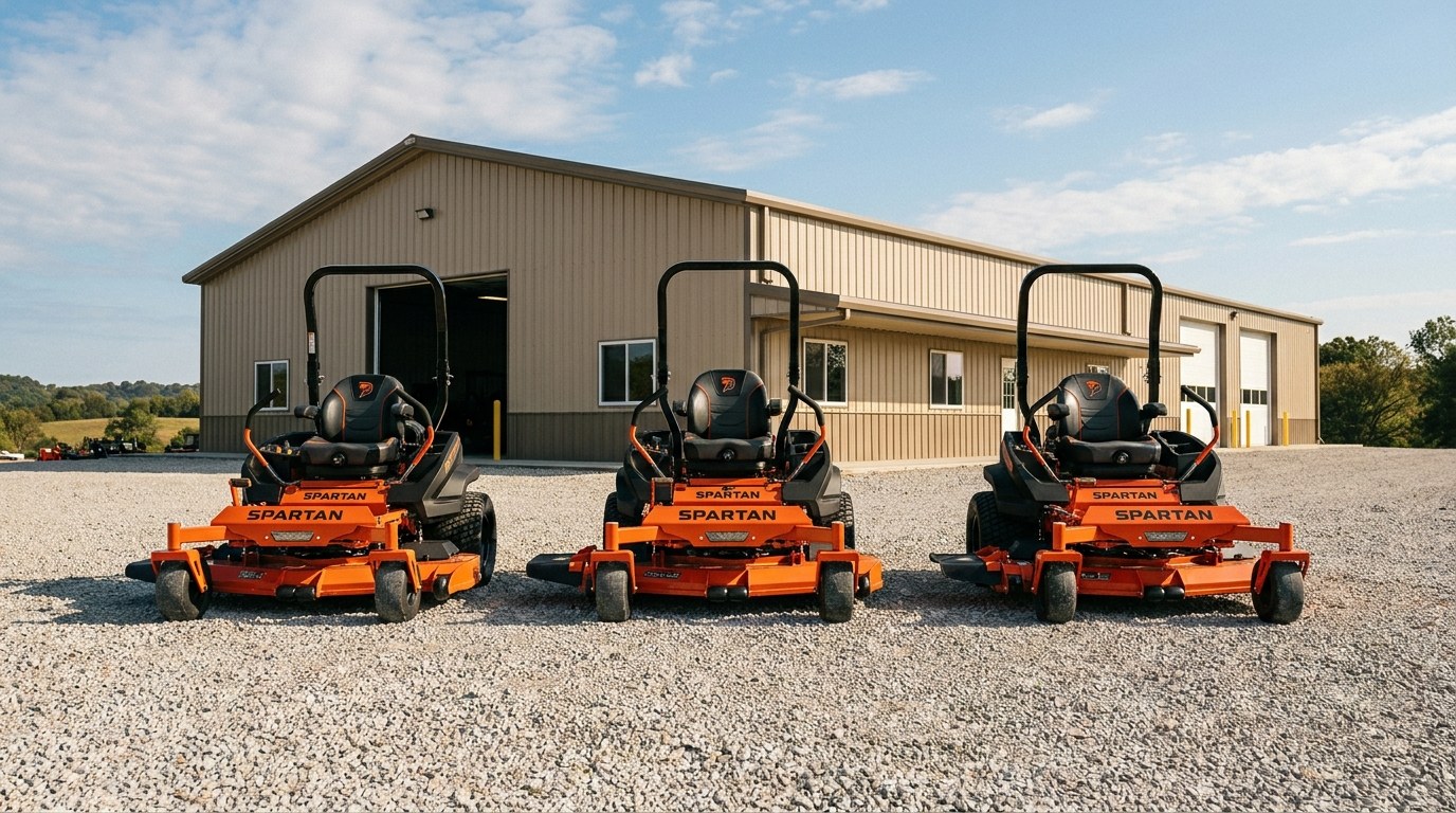 Spartan zero-turn mowers parked at the Equipment Solutions Outdoors dealership in Laddonia, Missouri