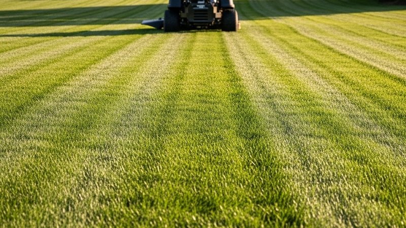 A zero turn mower part-way through striping a large lawn