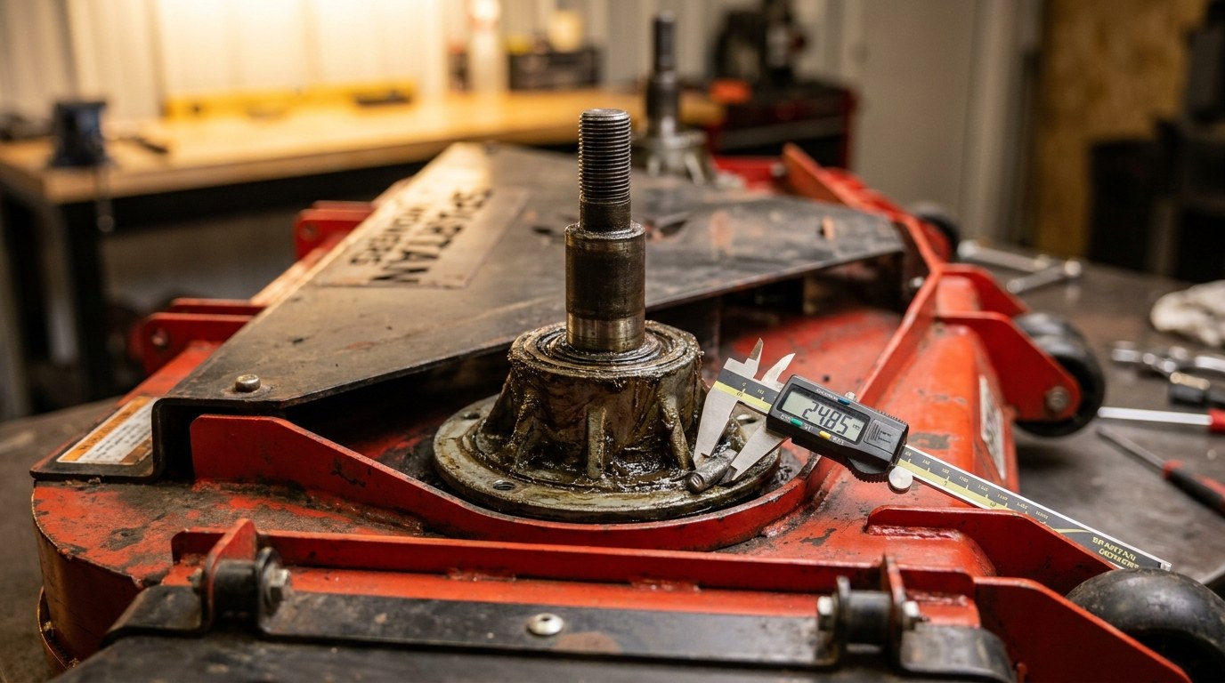 Close-up of a Spartan mower deck spindle with digital calipers measuring the diameter