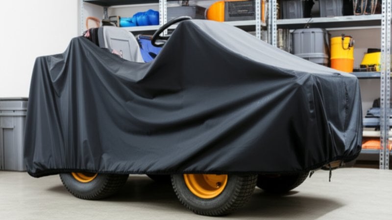 A zero turn mower parked under a cover in a garage for the winter