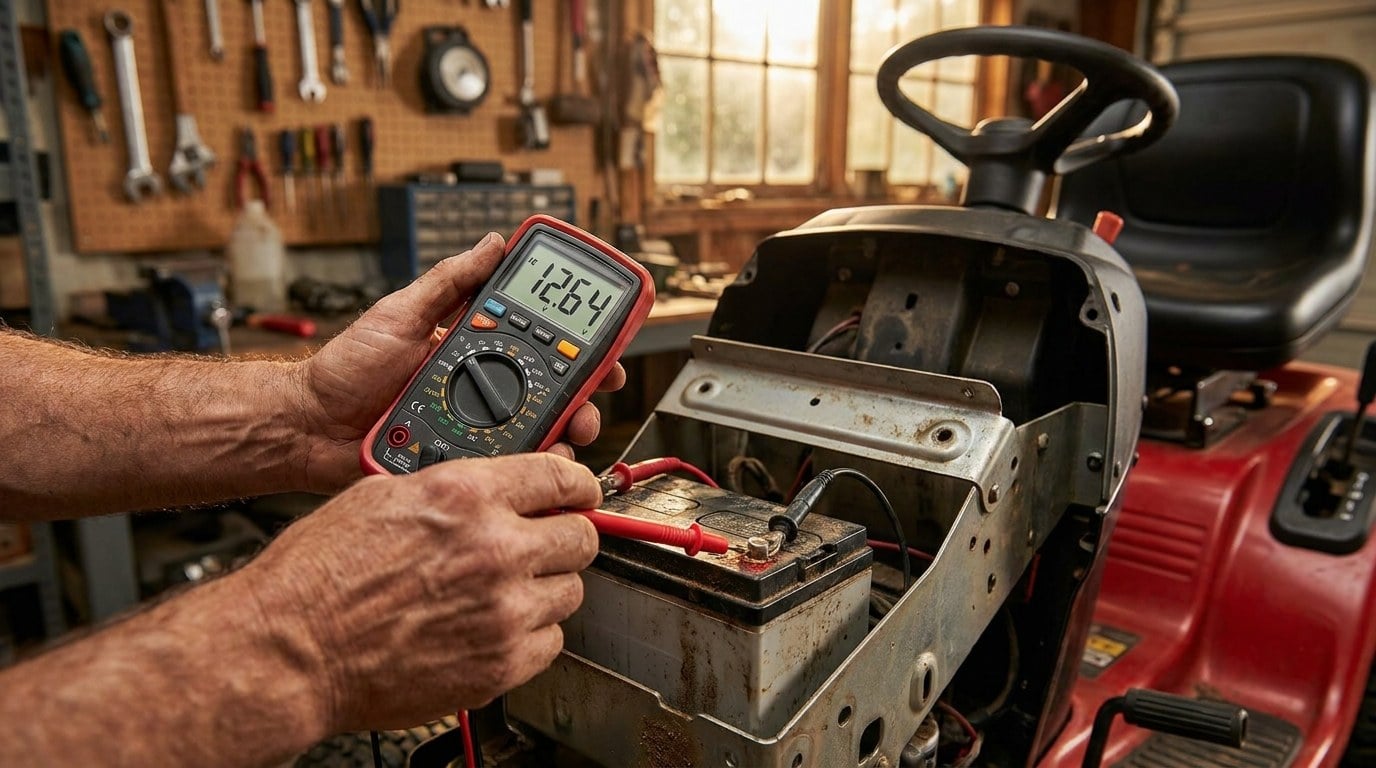 Mechanic using a multimeter to test a riding mower's 12-volt battery