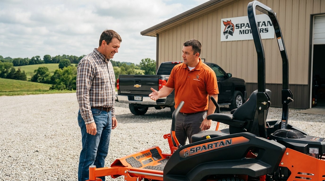 A customer talking with a dealer about a Spartan zero-turn mower at a rural Missouri dealership